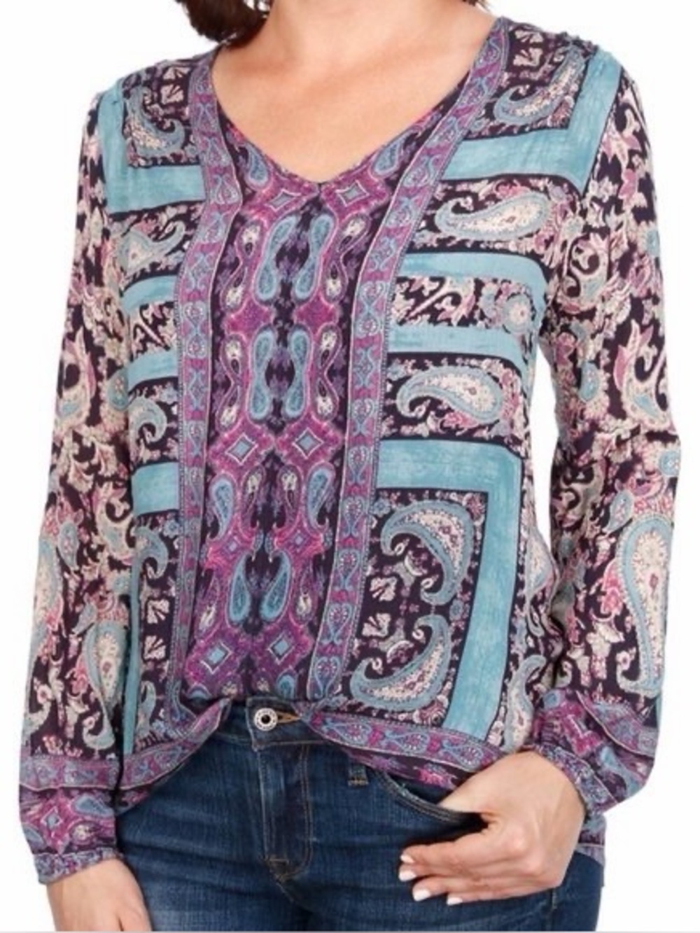 Lucky Brand 2X Boho Paisley Floral Rayon Peasant Blouse Purple Blue Plus Size